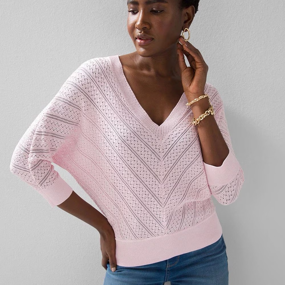 WHBM PINK CABLE KNIT DOLMAN V-NECK SWEATER